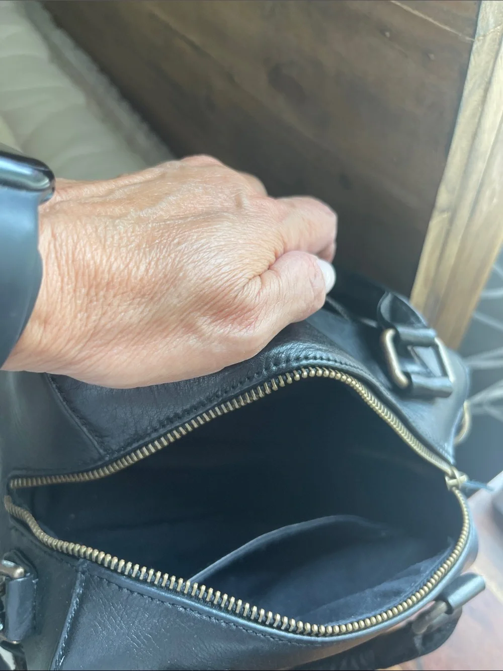 Black Leather Satchel with Top Handles and Crossbody Strap